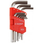 Набор ЗУБР Ключи МАСТЕР имбусовые короткие, Cr-V, сатинированное покрытие, пластик. держатель, HEX 1,5-10мм, 9 пред